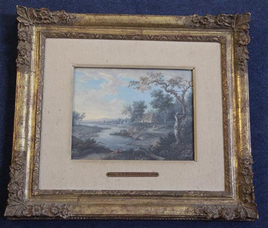Attributed to Henri Desire Van Blarenberge (1734-1812) Figures in a river landscape 6.5 x 8.25in.